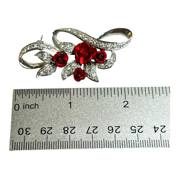 Vintage Red Roses Silver Tone Sparkly Rhinestones Gorgeous Brooch - Picture 4 of 6